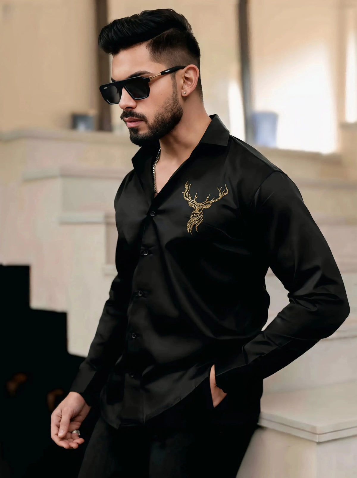Signature Look – Diamond Work Deer Black Shirt
